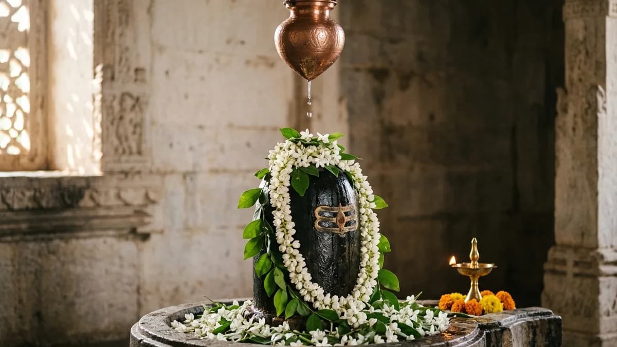 Sacred puja offerings with holy water and bilva leaves in temple