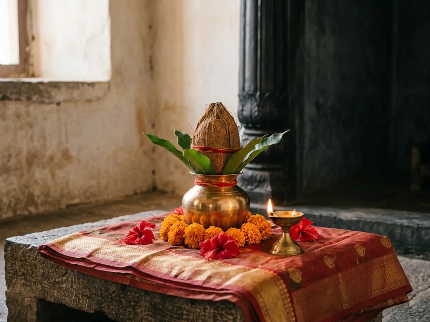 Sacred kalash and offerings at devotional altar