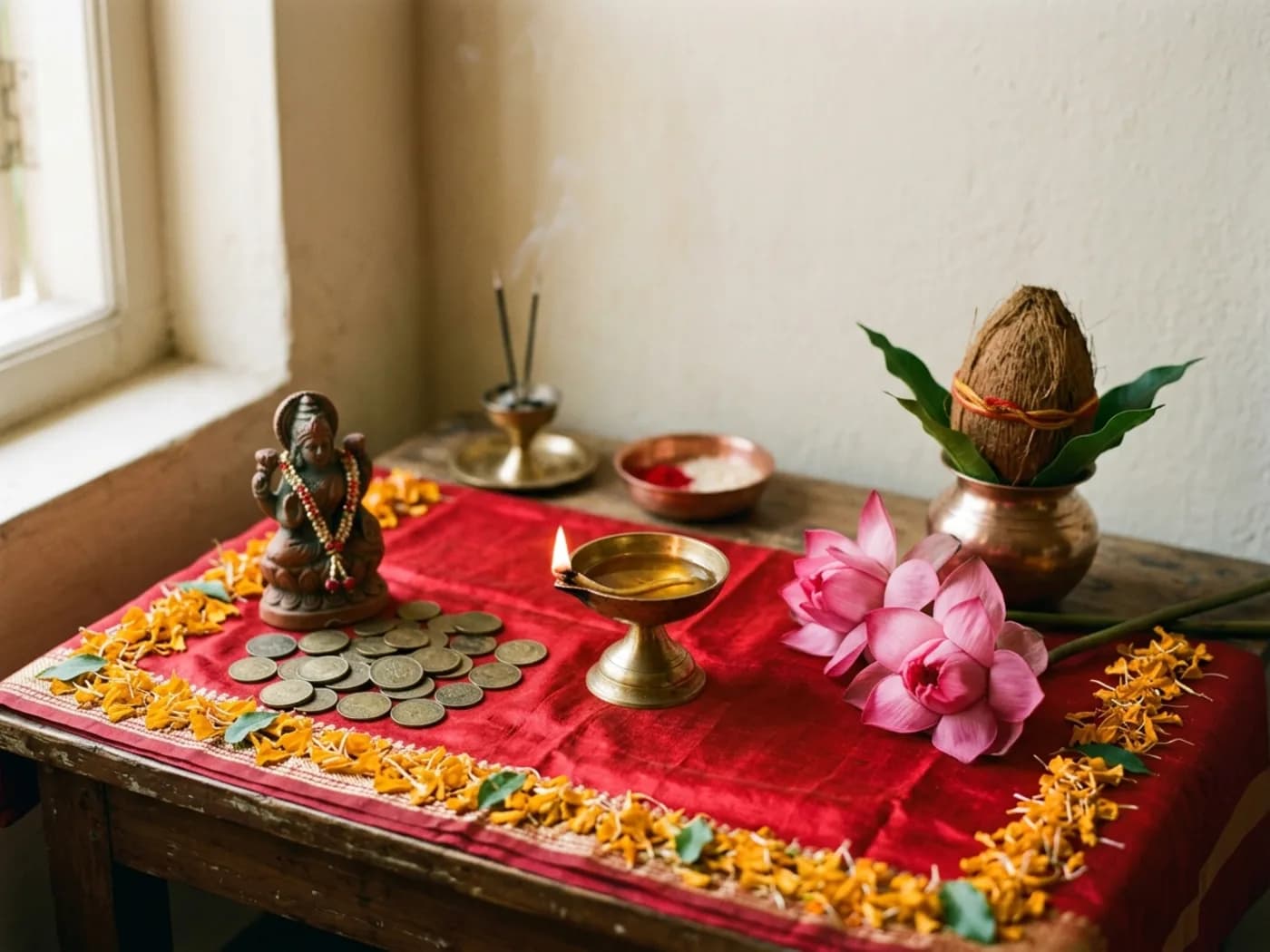 Lakshmi puja altar with pink lotus and brass lamp