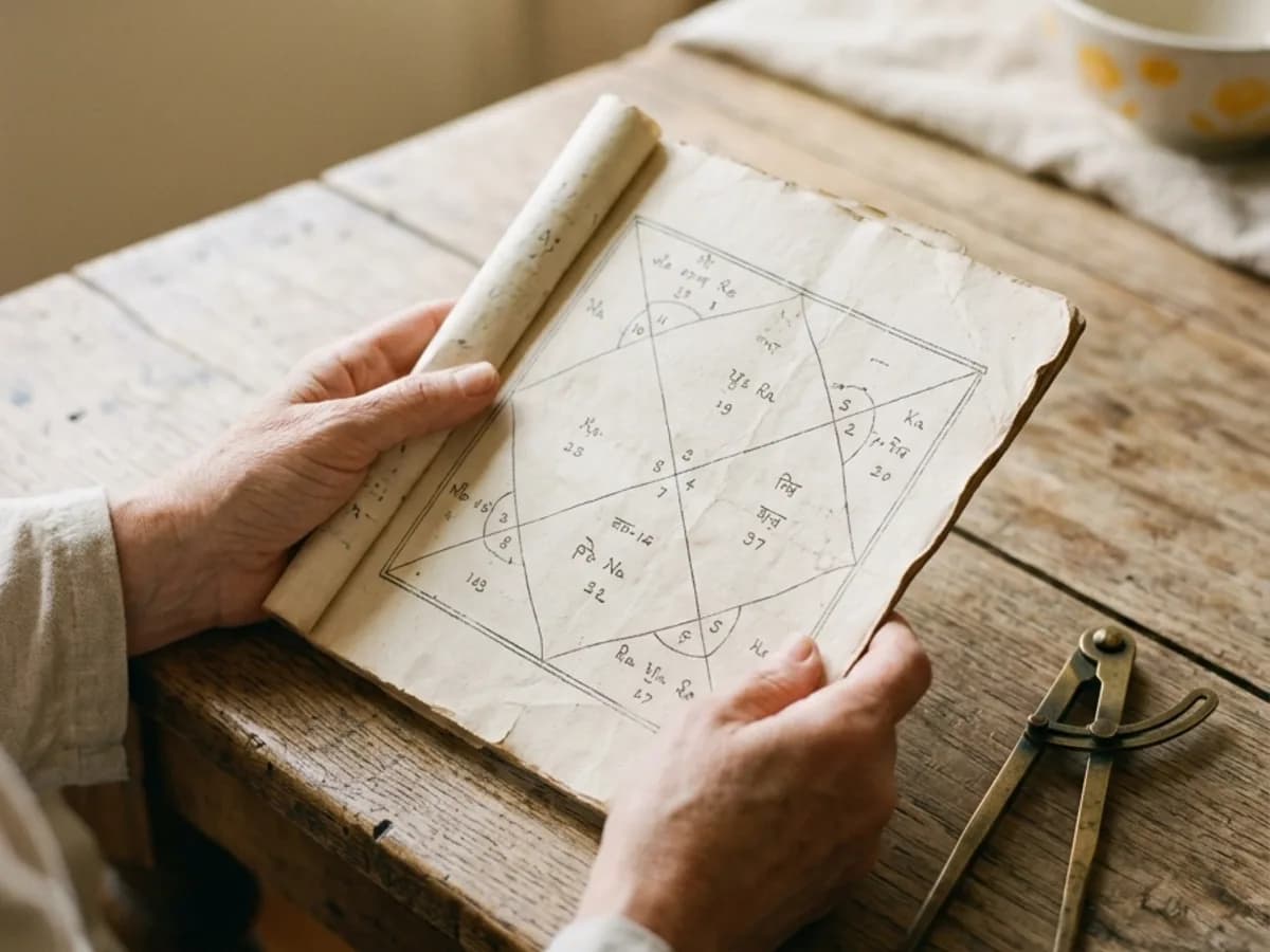 Astrologer desk with handwritten chart and brass tools