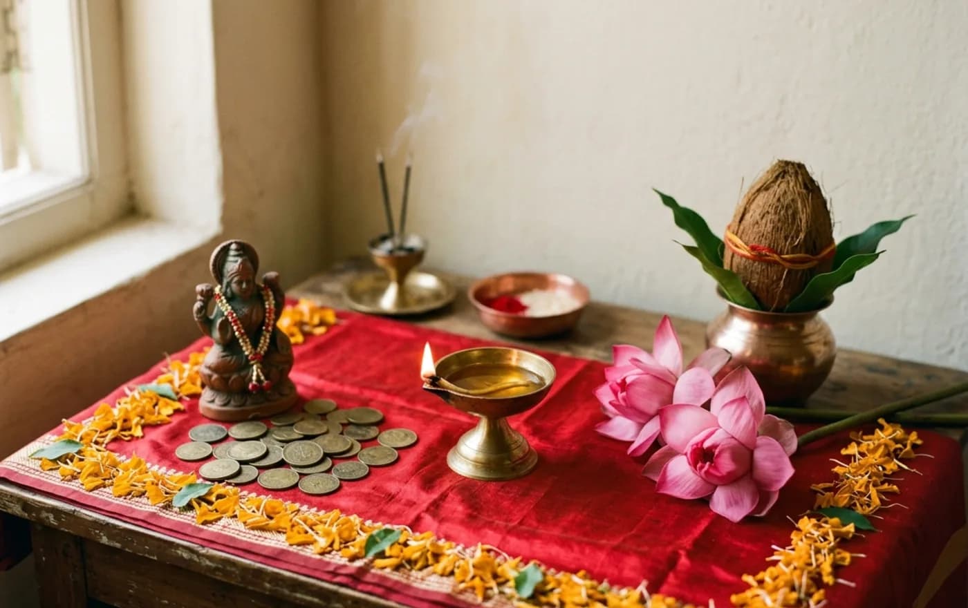 Sacred ritual offerings on altar