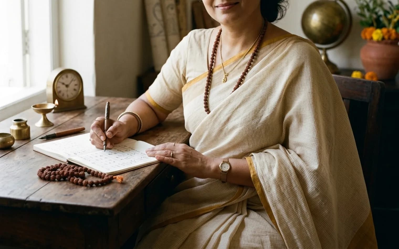 Numerology practitioner notes, rudraksha mala and open journal on wooden desk