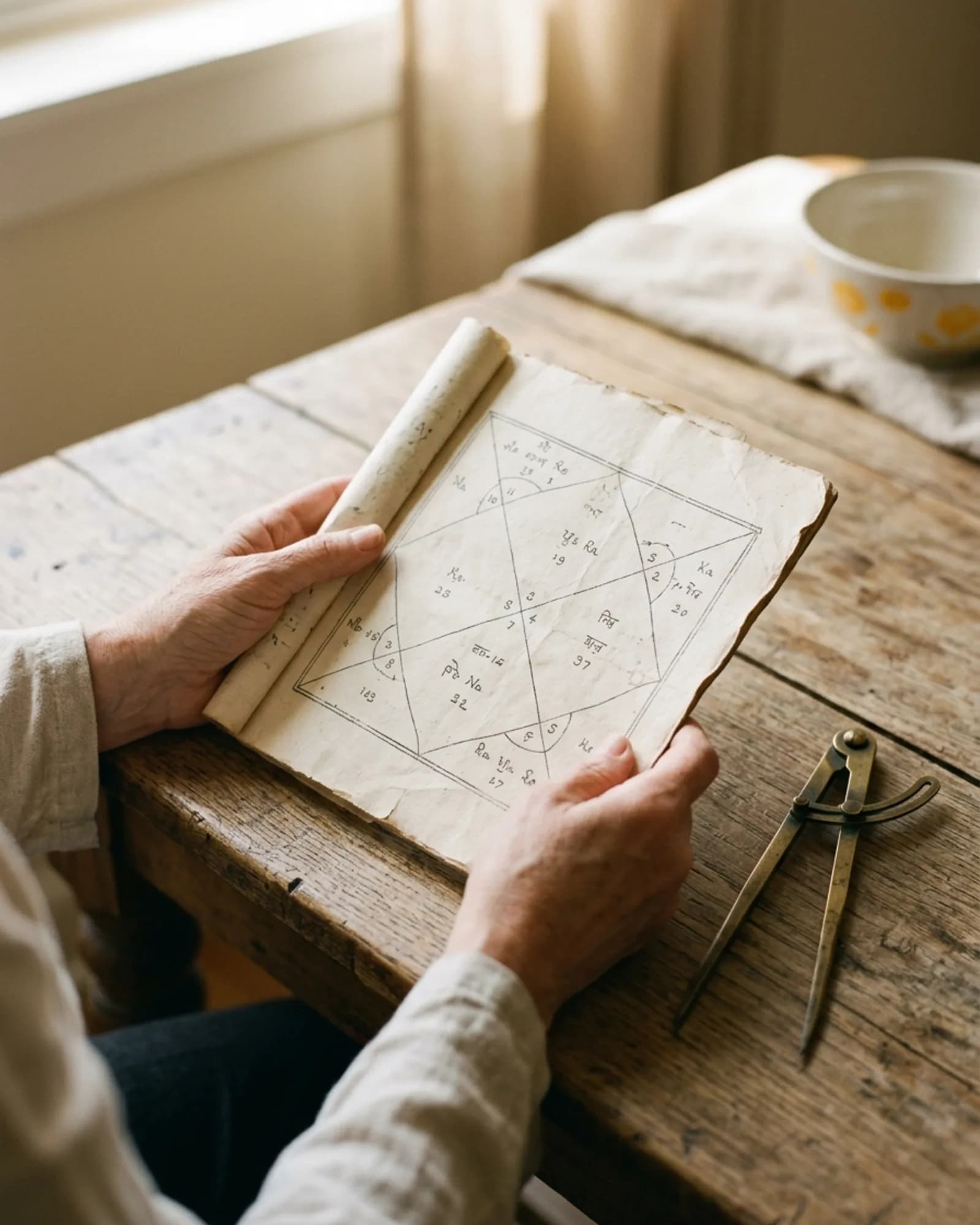 Hands holding open handwritten Vedic astrology chart on aged paper with brass dividers